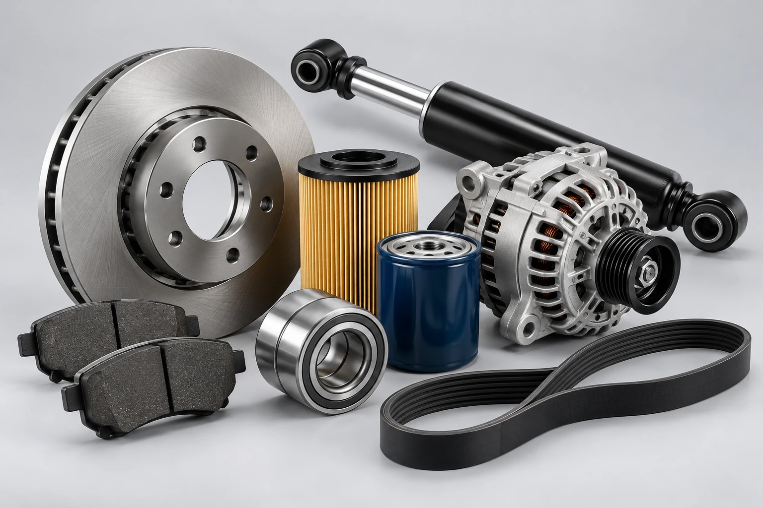 Composizione di ricambi auto e truck con freni, filtri, ammortizzatore, alternatore, cuscinetto e cinghia.